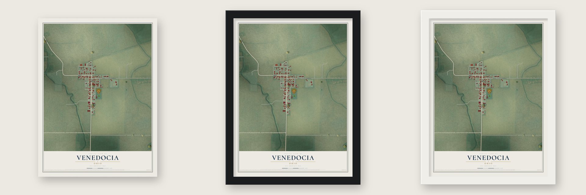Venedocia, Ohio map unframed, in a black wood frame and in a white wood frame