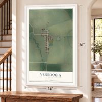 Venedocia, Ohio map, 24 x 36 inch print in a white frame by a staircase