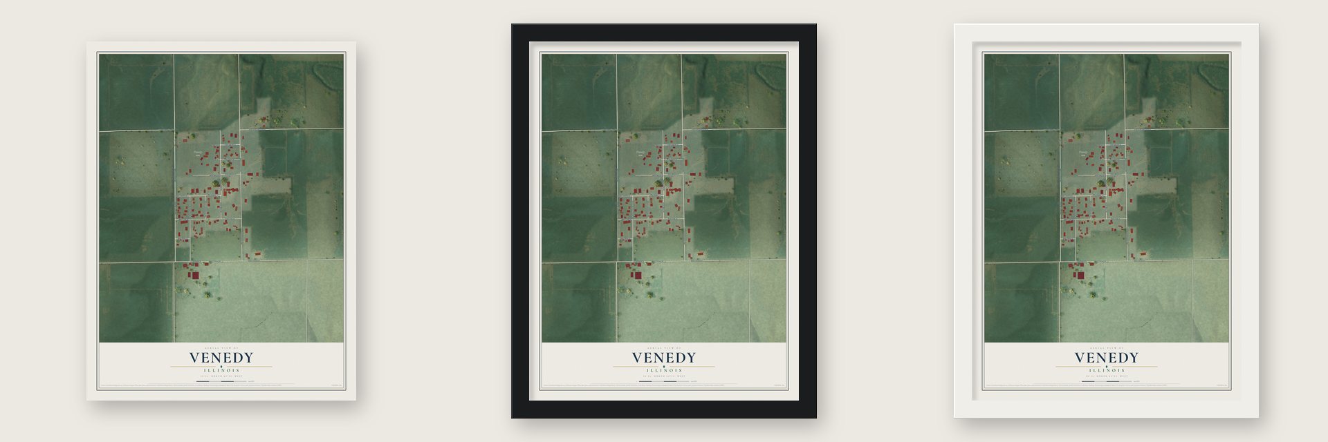 Venedy, Illinois map unframed, in a black wood frame and in a white wood frame
