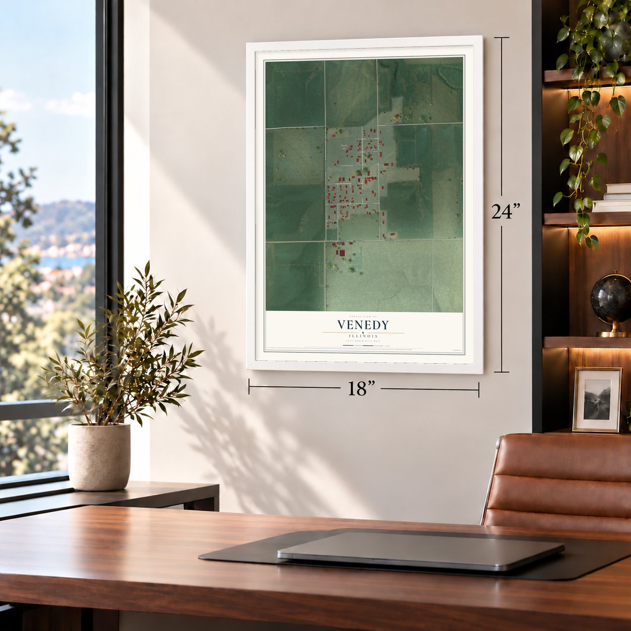 Venedy, Illinois map, 18 x 24 inch print in a white frame in a home office