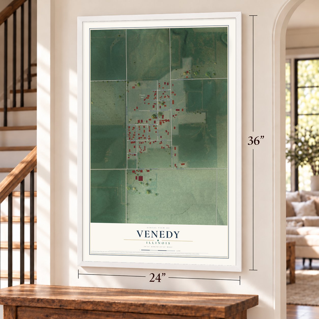 Venedy, Illinois map, 24 x 36 inch print in a white frame by a staircase