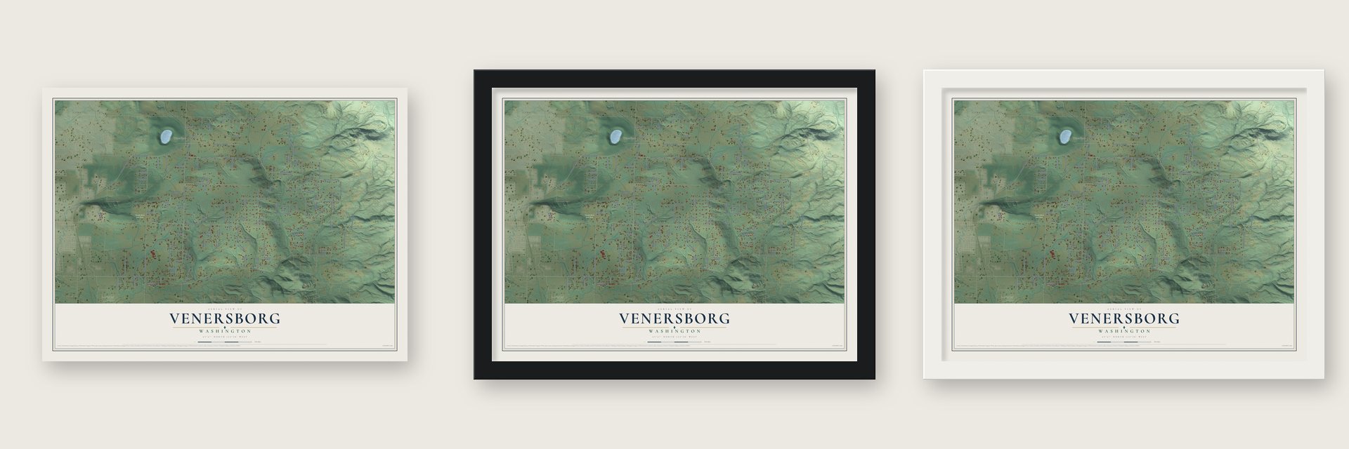 Venersborg, Washington map unframed, in a black wood frame and in a white wood frame