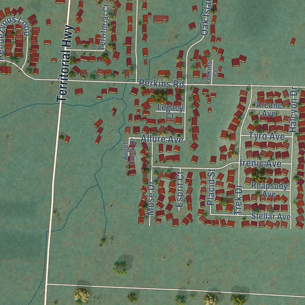 Second close-up of the map of Veneta, Oregon print showing more streets and buildings