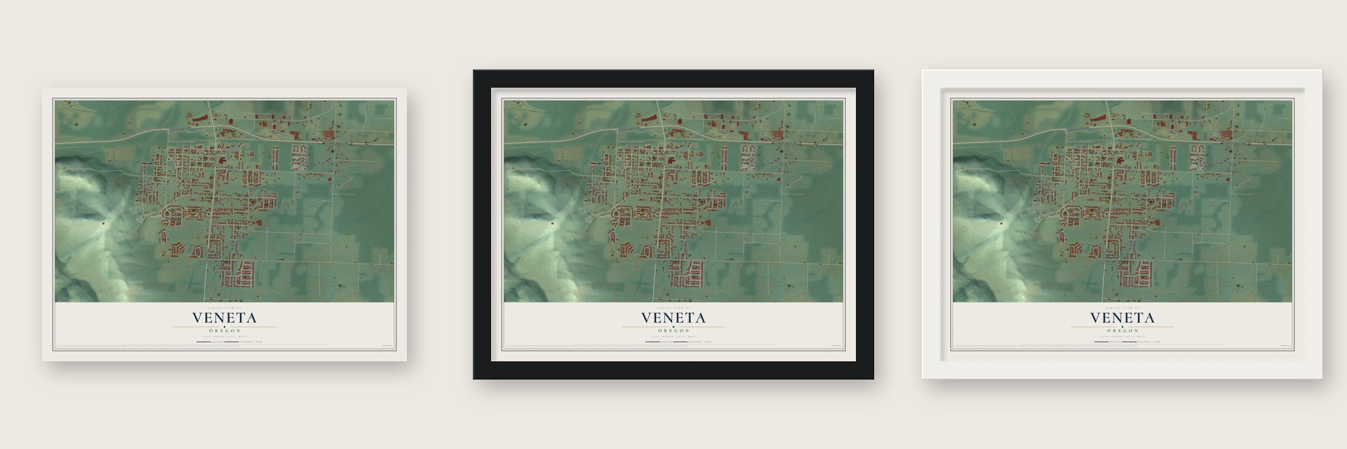 Veneta, Oregon map unframed, in a black wood frame and in a white wood frame