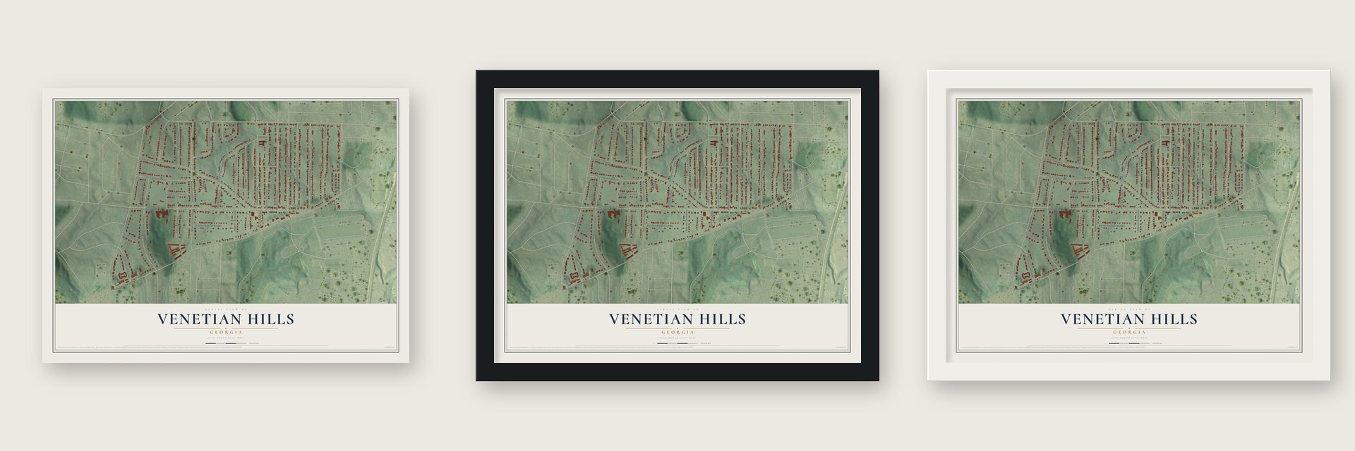 Venetian Hills, Georgia map unframed, in a black wood frame and in a white wood frame