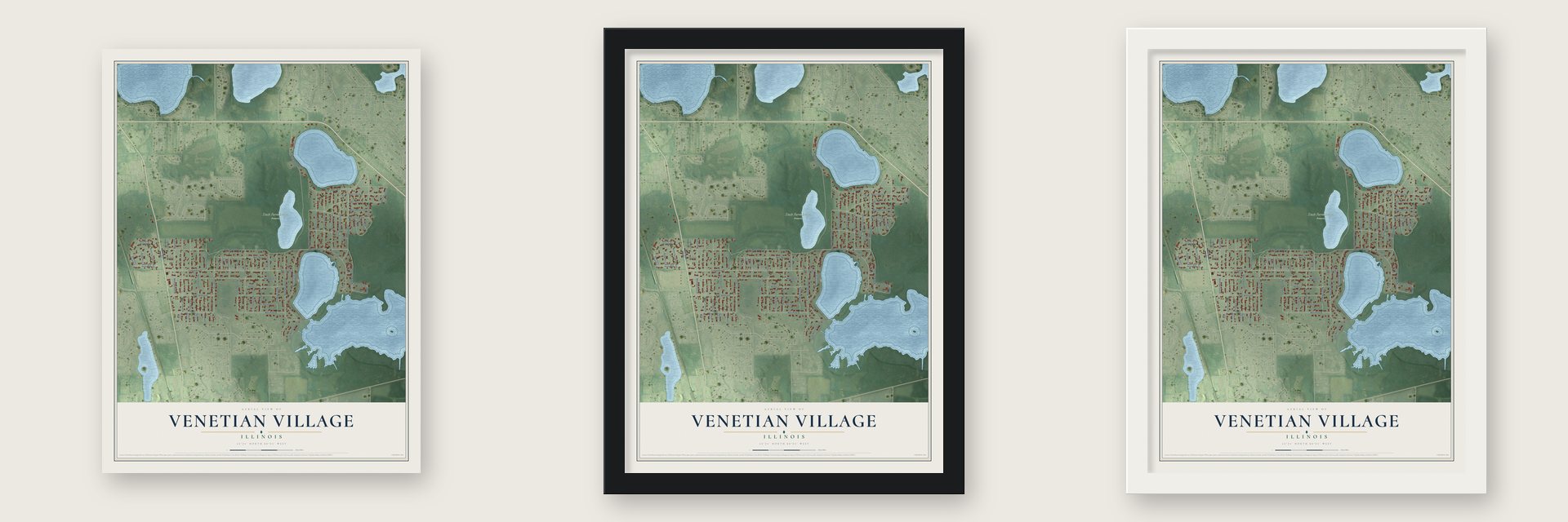 Venetian Village, Illinois map unframed, in a black wood frame and in a white wood frame