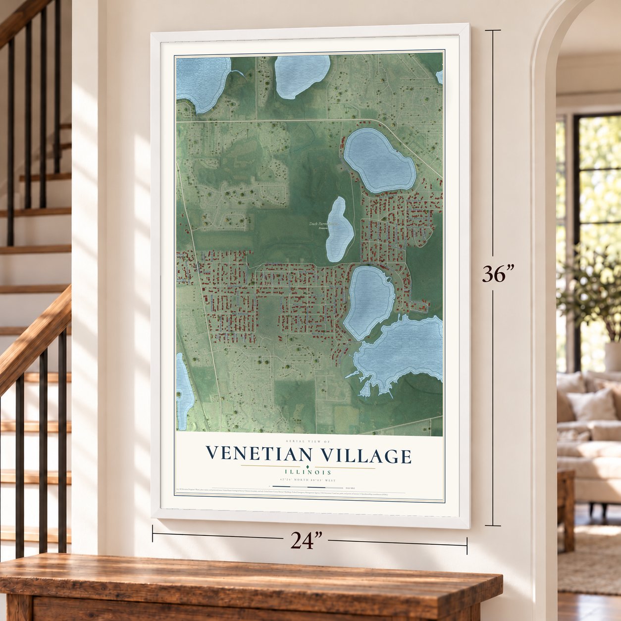 Venetian Village, Illinois map, 24 x 36 inch print in a white frame by a staircase