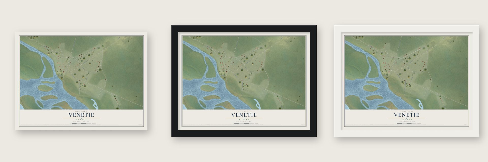 Venetie, Alaska map unframed, in a black wood frame and in a white wood frame
