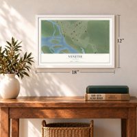Venetie, Alaska map, 12 x 18 inch print in a white frame in an entryway