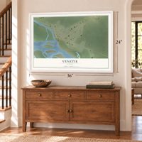 Venetie, Alaska map, 24 x 36 inch print in a white frame above a dresser by a staircase