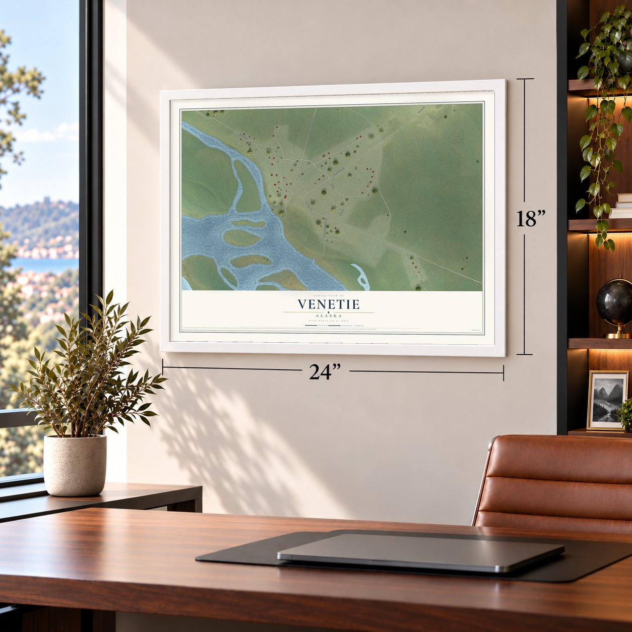 Venetie, Alaska map, 18 x 24 inch print in a white frame in a home office