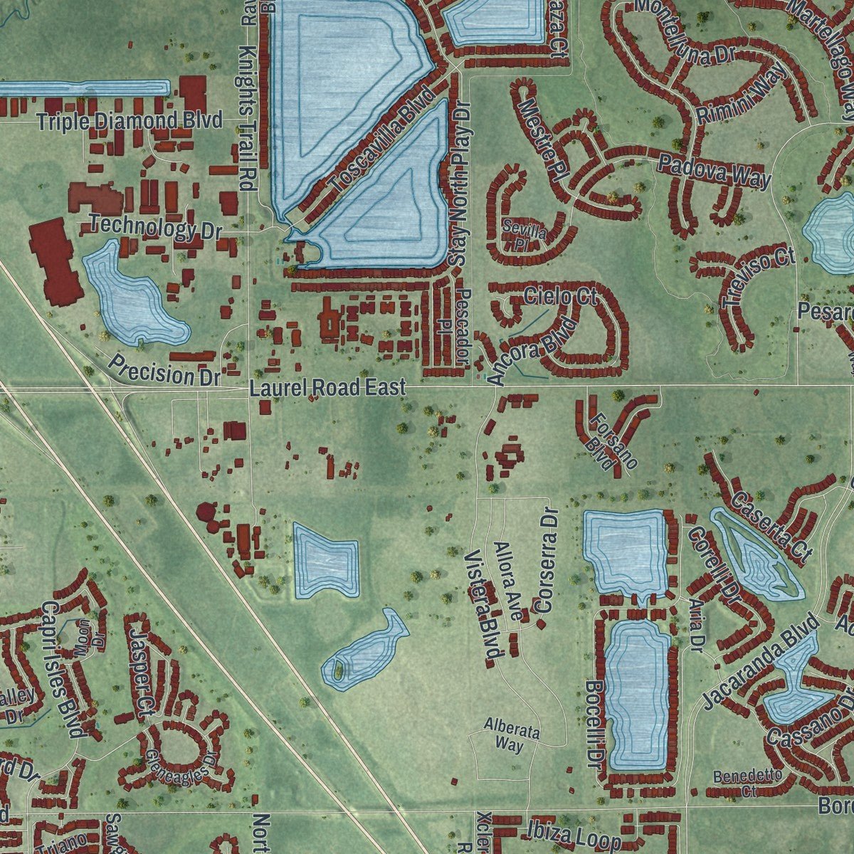 Second close-up of the map of Venice, Florida print showing more streets and buildings