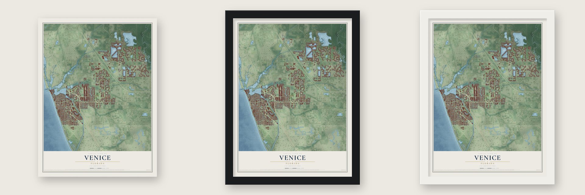 Venice, Florida map unframed, in a black wood frame and in a white wood frame