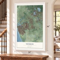 Venice, Florida map, 24 x 36 inch print in a white frame by a staircase