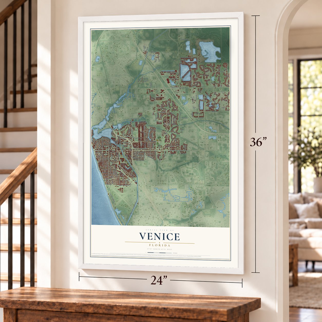 Venice, Florida map, 24 x 36 inch print in a white frame by a staircase