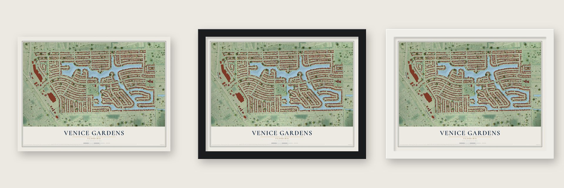 Venice Gardens, Florida map unframed, in a black wood frame and in a white wood frame
