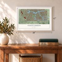 Venice Gardens, Florida map, 12 x 18 inch print in a white frame in an entryway