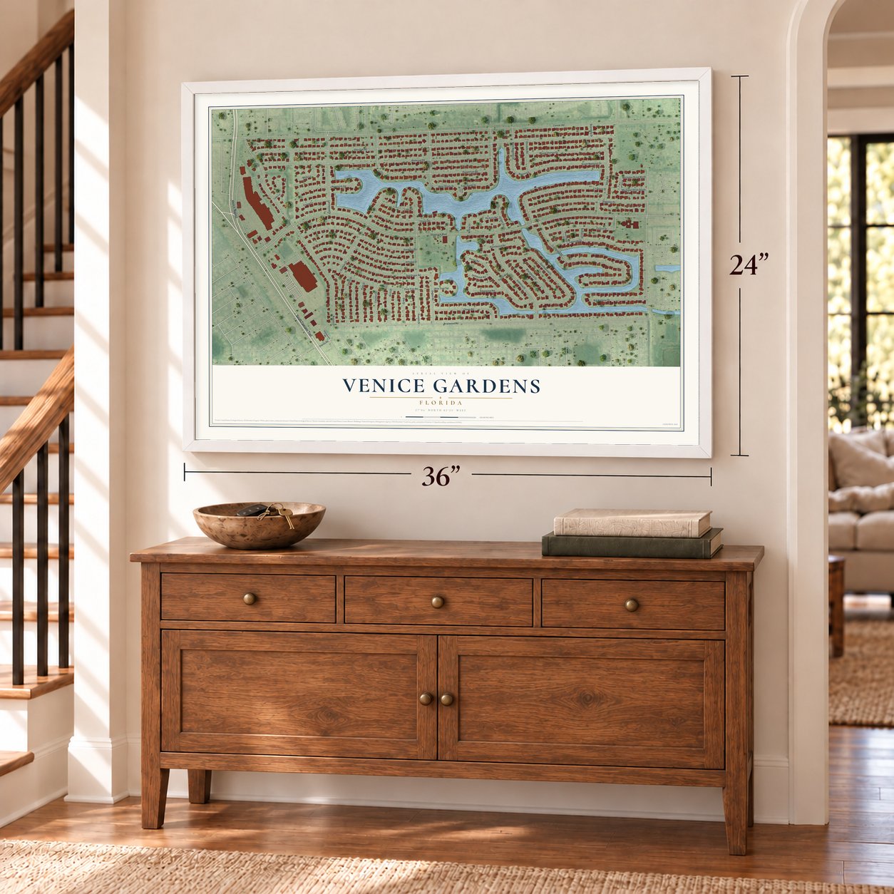 Venice Gardens, Florida map, 24 x 36 inch print in a white frame above a dresser by a staircase