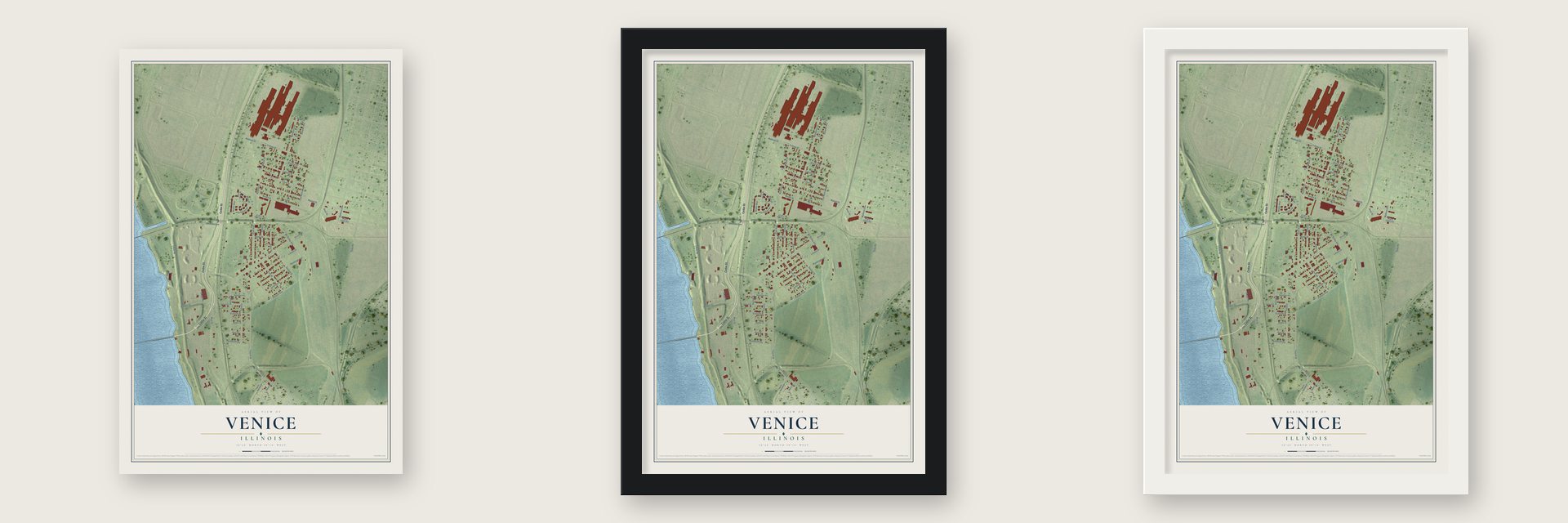 Venice, Illinois map unframed, in a black wood frame and in a white wood frame