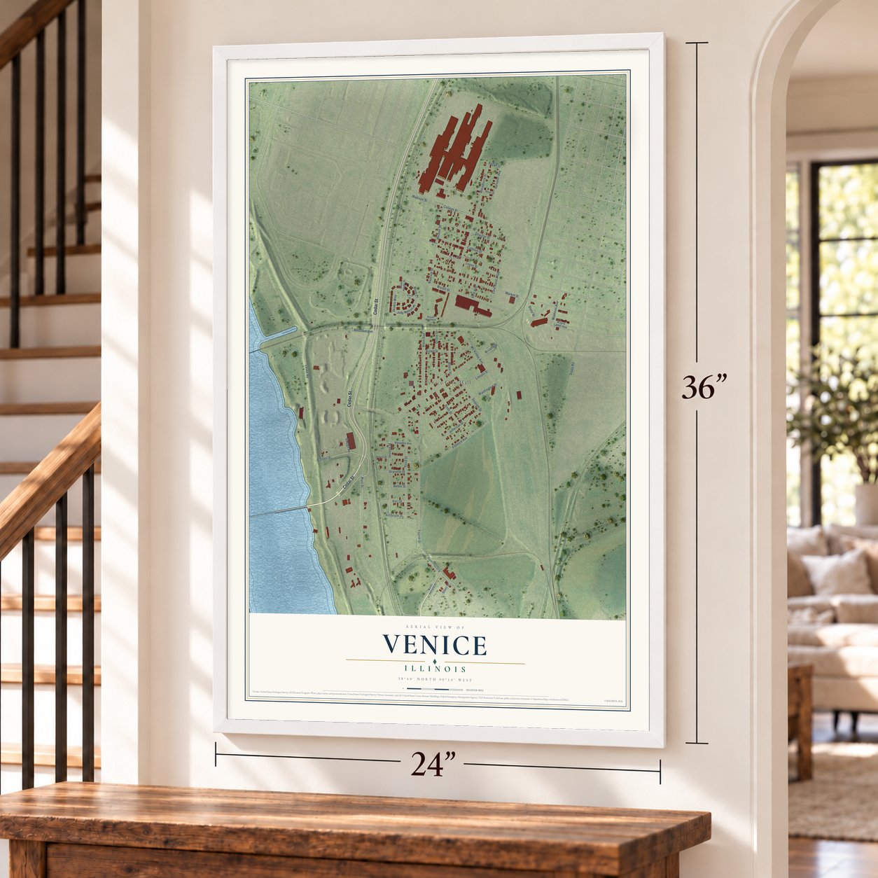 Venice, Illinois map, 24 x 36 inch print in a white frame by a staircase