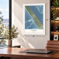 Venice, Louisiana map, 18 x 24 inch print in a white frame in a home office