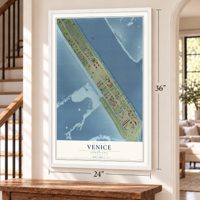 Venice, Louisiana map, 24 x 36 inch print in a white frame by a staircase