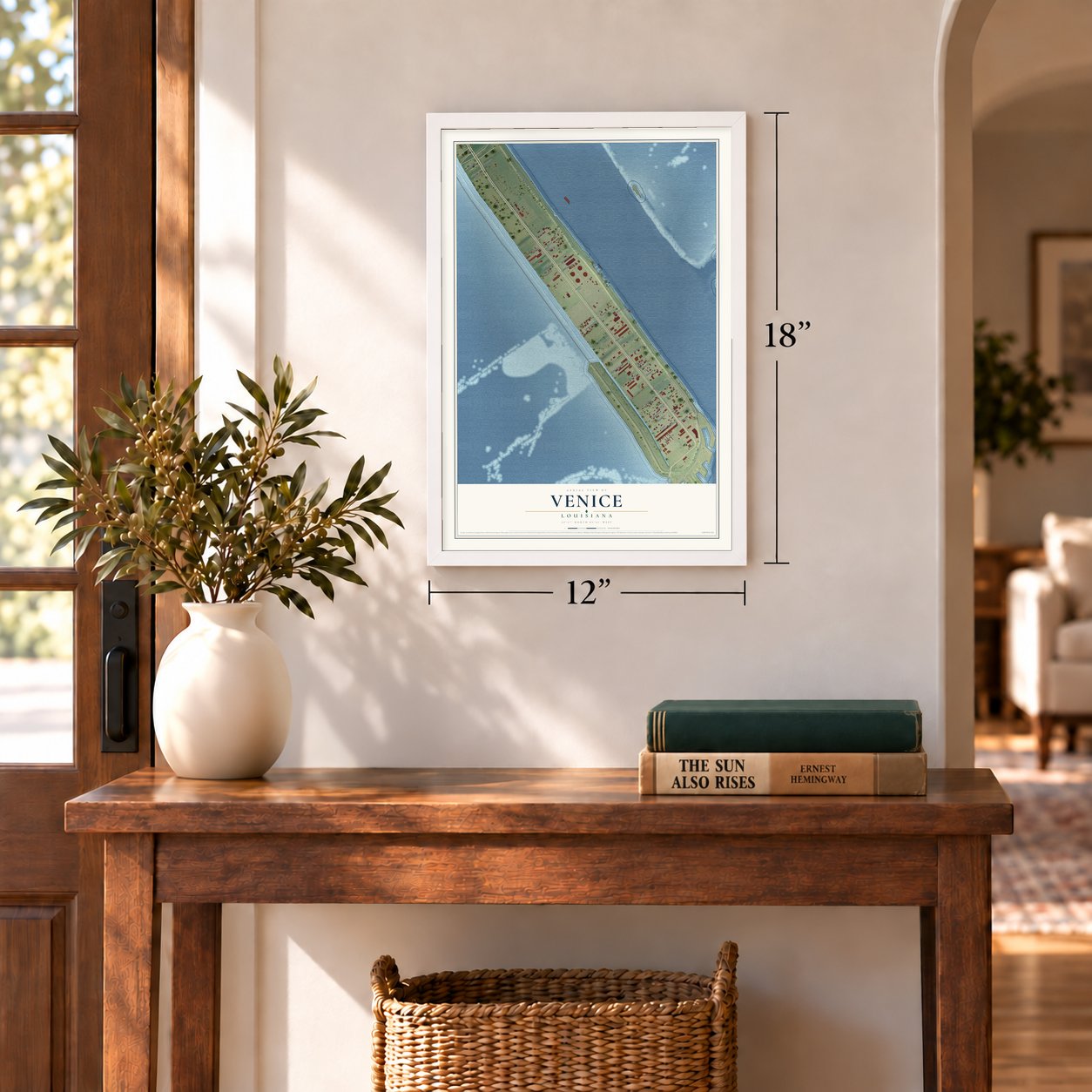 Venice, Louisiana map, 12 x 18 inch print in a white frame in an entryway