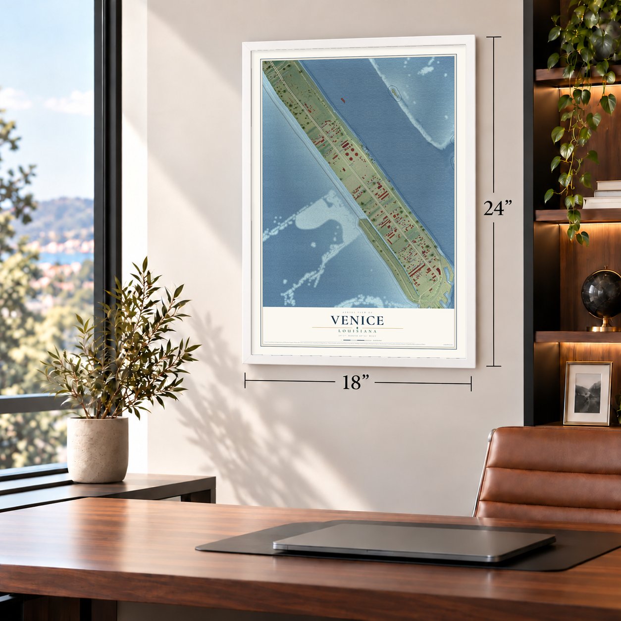 Venice, Louisiana map, 18 x 24 inch print in a white frame in a home office
