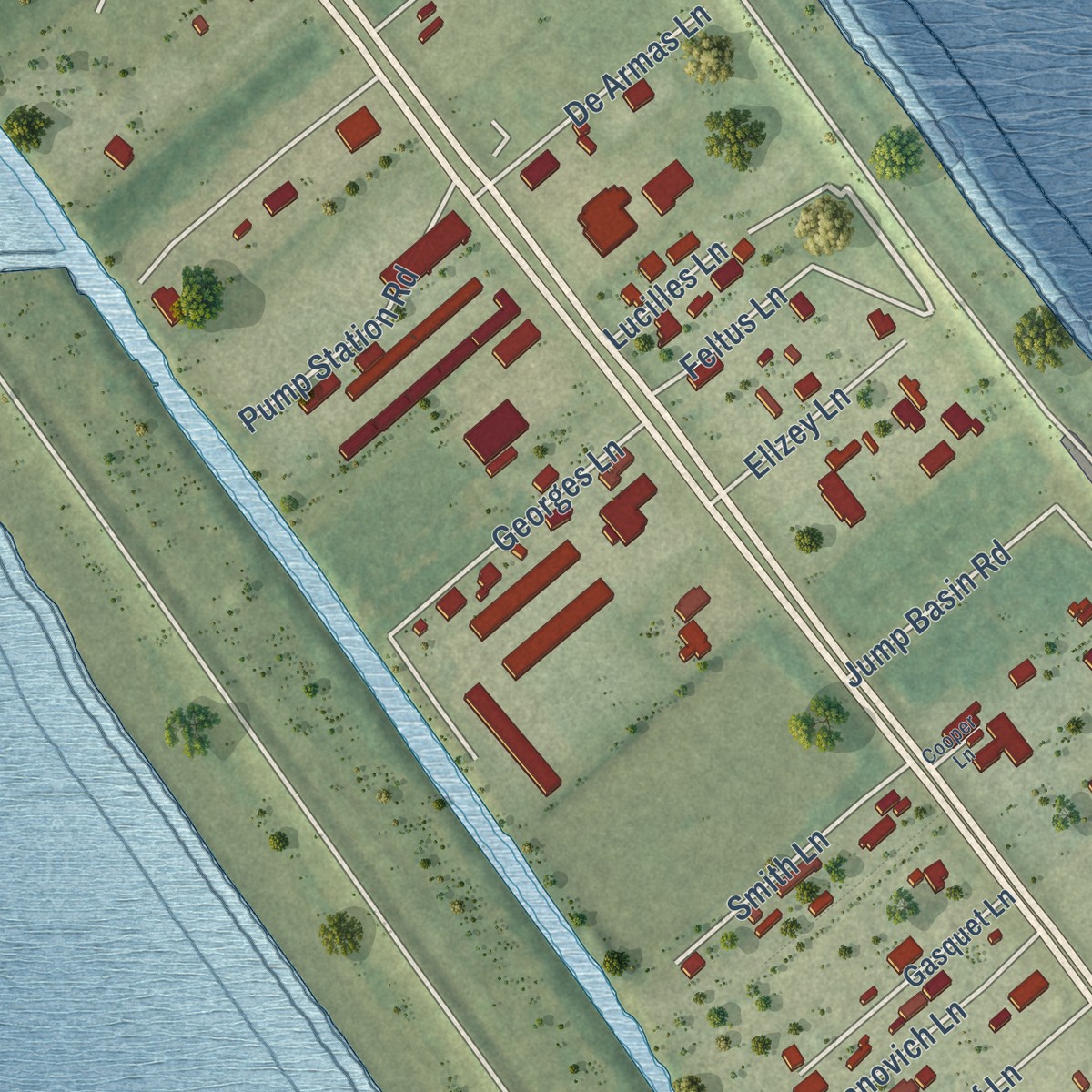 Second close-up of the map of Venice, Louisiana print showing more streets and buildings