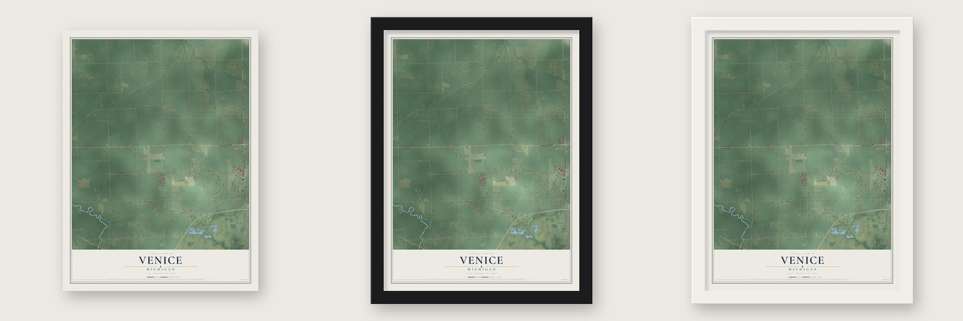 Venice, Michigan map unframed, in a black wood frame and in a white wood frame