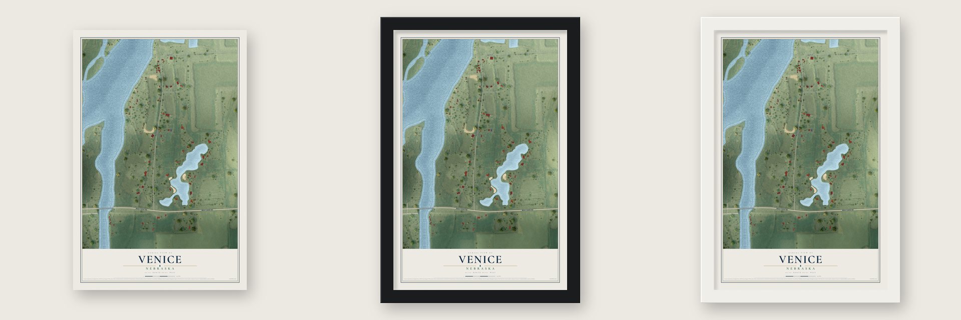 Venice, Nebraska map unframed, in a black wood frame and in a white wood frame