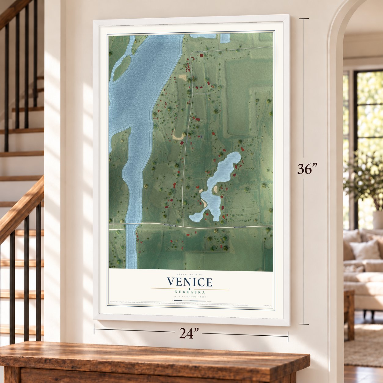 Venice, Nebraska map, 24 x 36 inch print in a white frame by a staircase