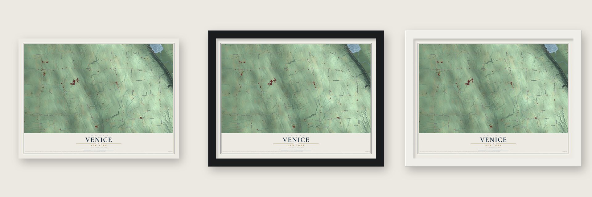 Venice, New York map unframed, in a black wood frame and in a white wood frame
