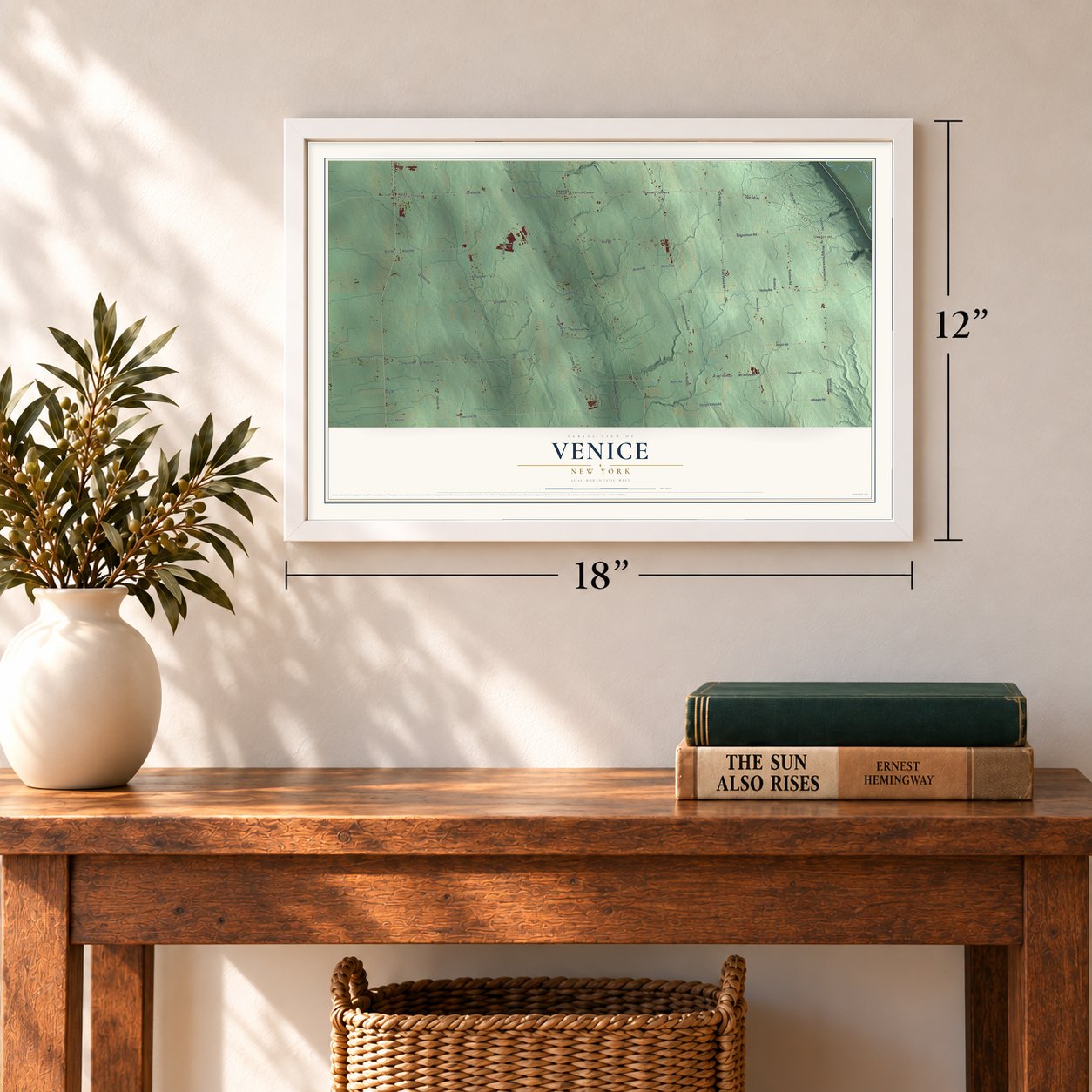 Venice, New York map, 12 x 18 inch print in a white frame in an entryway