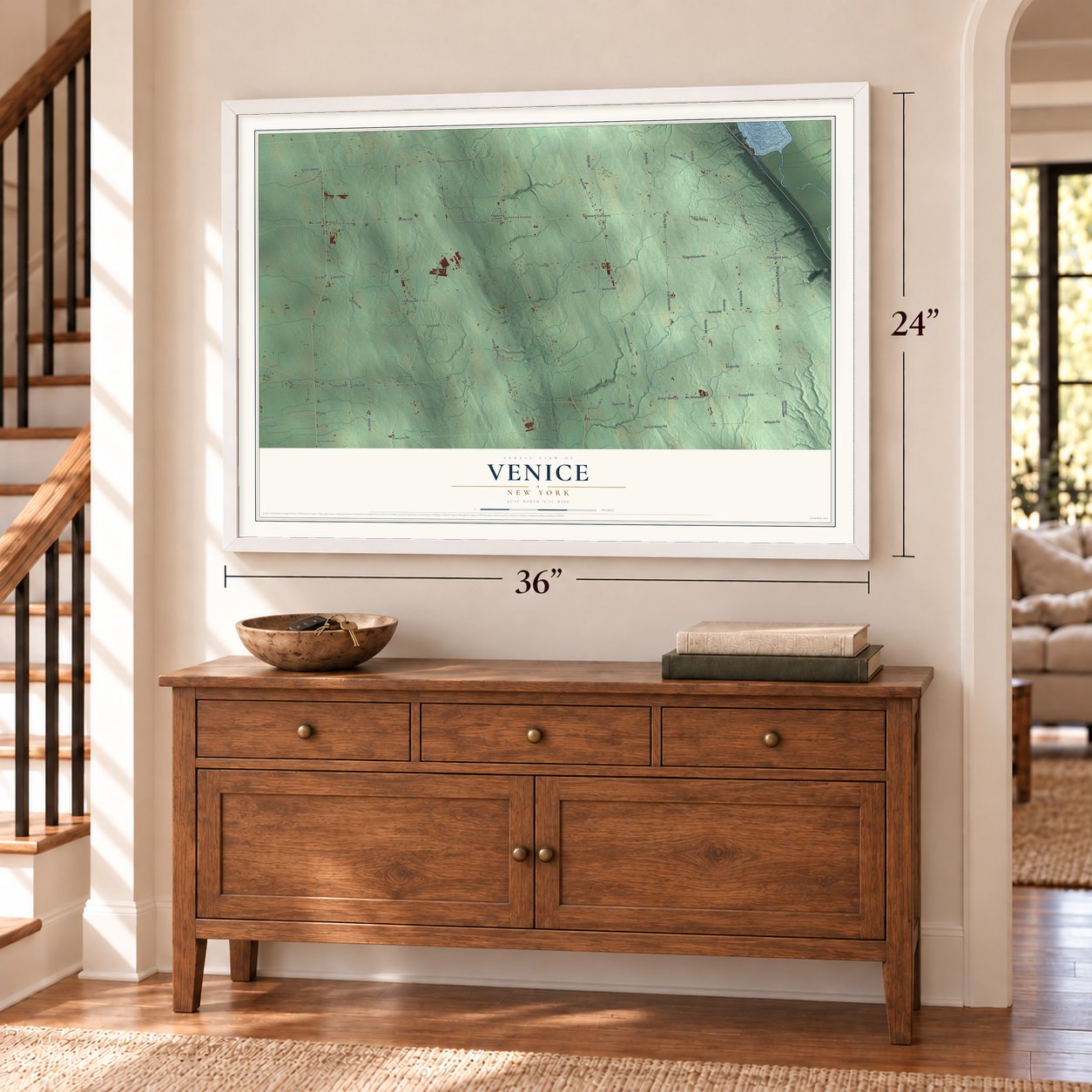 Venice, New York map, 24 x 36 inch print in a white frame above a dresser by a staircase