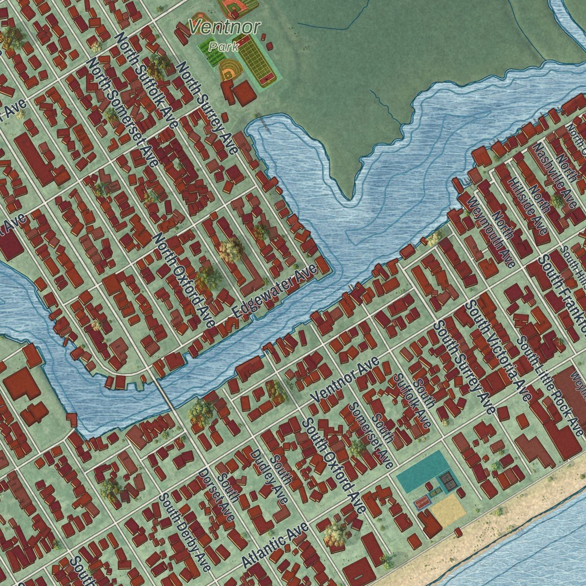 Second close-up of the map of Ventnor City, New Jersey print showing more streets and buildings