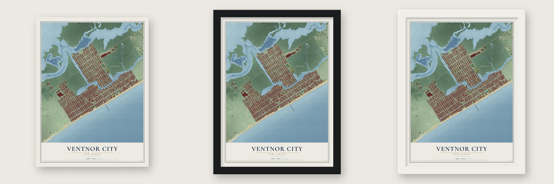 Ventnor City, New Jersey map unframed, in a black wood frame and in a white wood frame