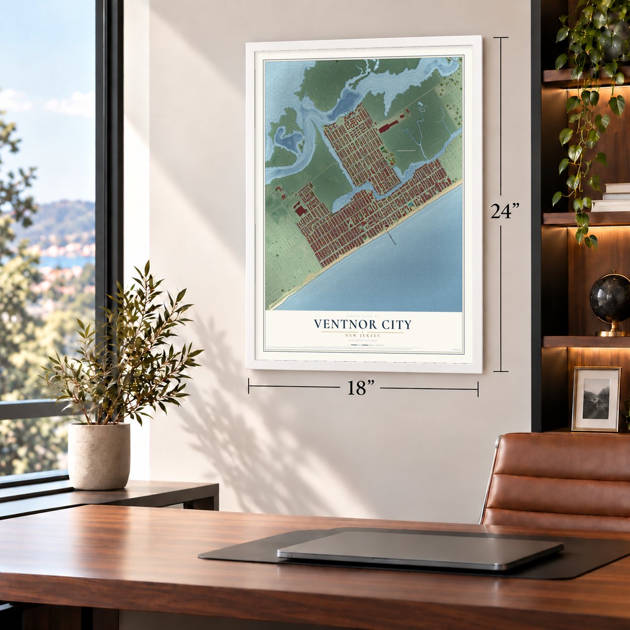 Ventnor City, New Jersey map, 18 x 24 inch print in a white frame in a home office