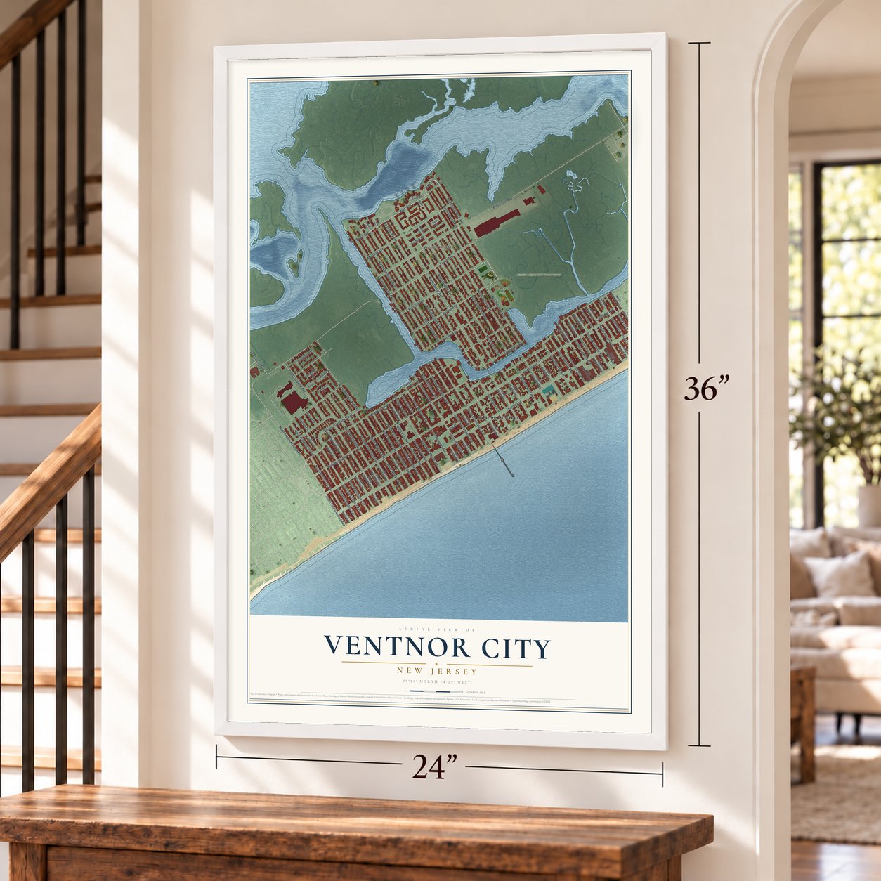 Ventnor City, New Jersey map, 24 x 36 inch print in a white frame by a staircase