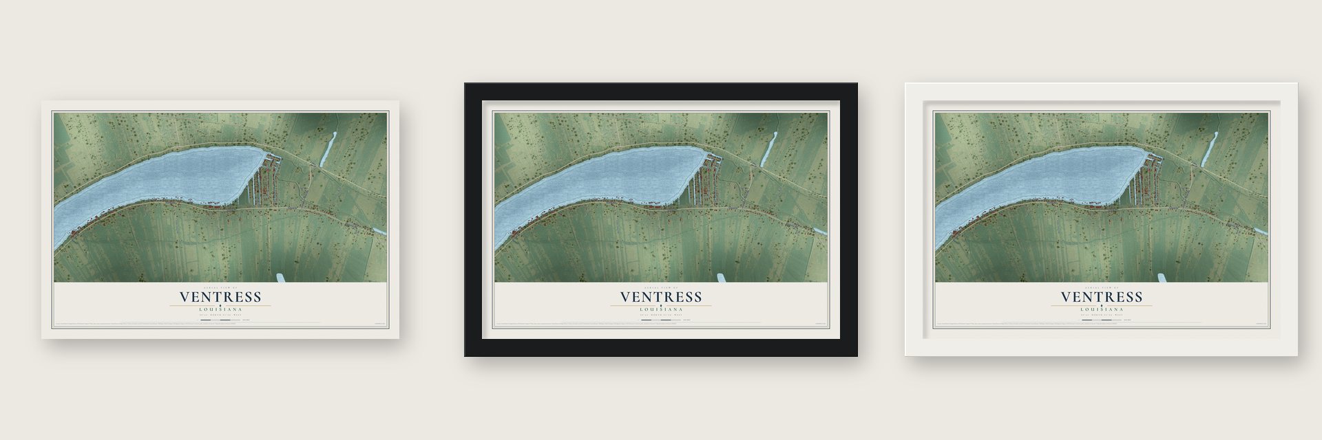 Ventress, Louisiana map unframed, in a black wood frame and in a white wood frame