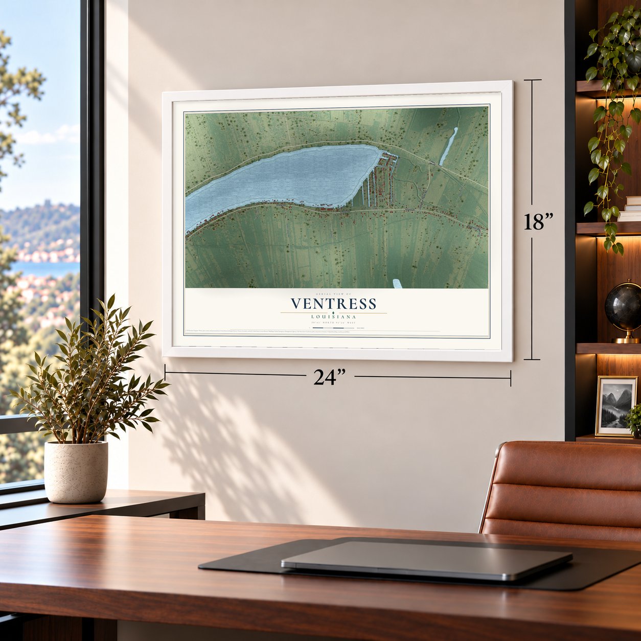 Ventress, Louisiana map, 18 x 24 inch print in a white frame in a home office