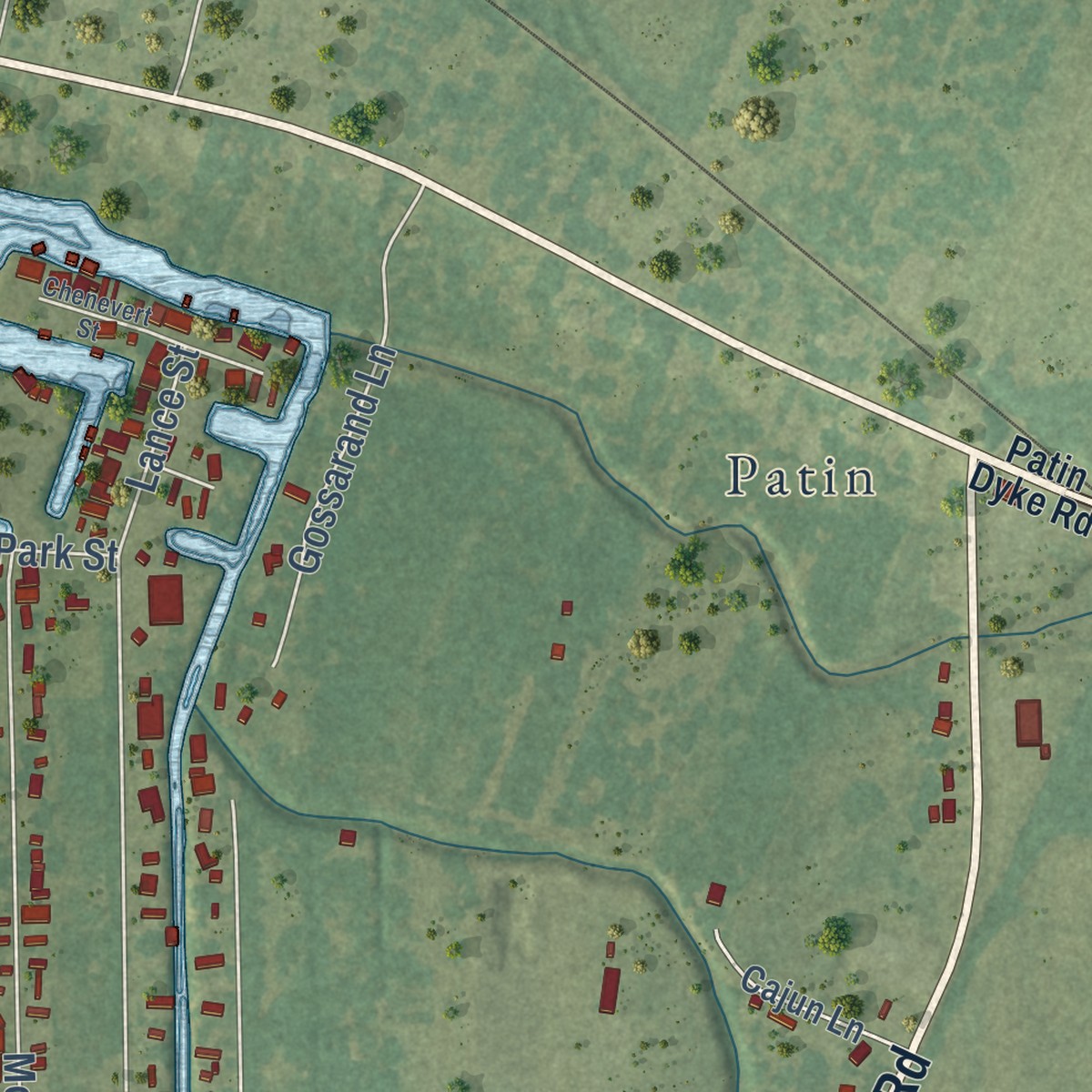 Second close-up of the map of Ventress, Louisiana print showing more streets and buildings