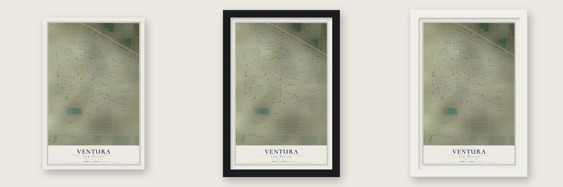 Ventura, New Mexico map unframed, in a black wood frame and in a white wood frame