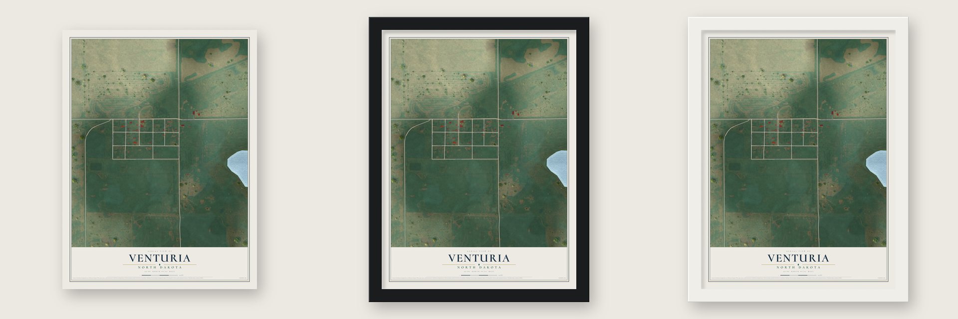 Venturia, North Dakota map unframed, in a black wood frame and in a white wood frame