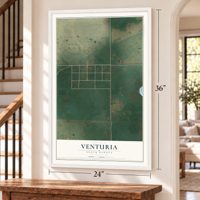 Venturia, North Dakota map, 24 x 36 inch print in a white frame by a staircase