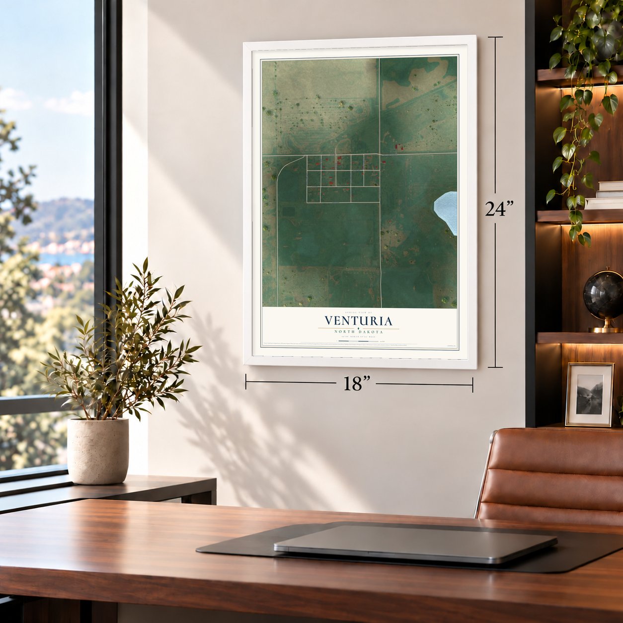 Venturia, North Dakota map, 18 x 24 inch print in a white frame in a home office