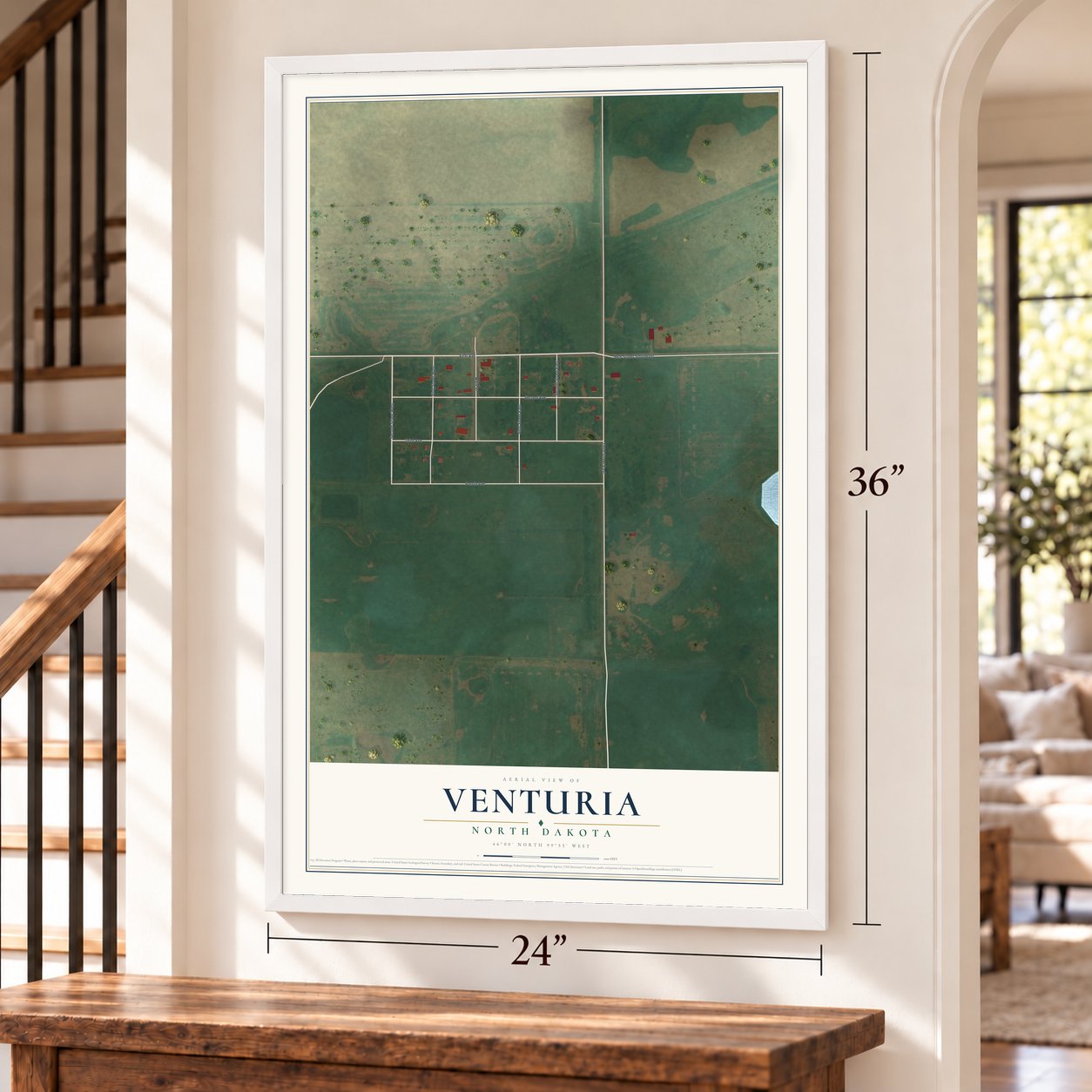 Venturia, North Dakota map, 24 x 36 inch print in a white frame by a staircase