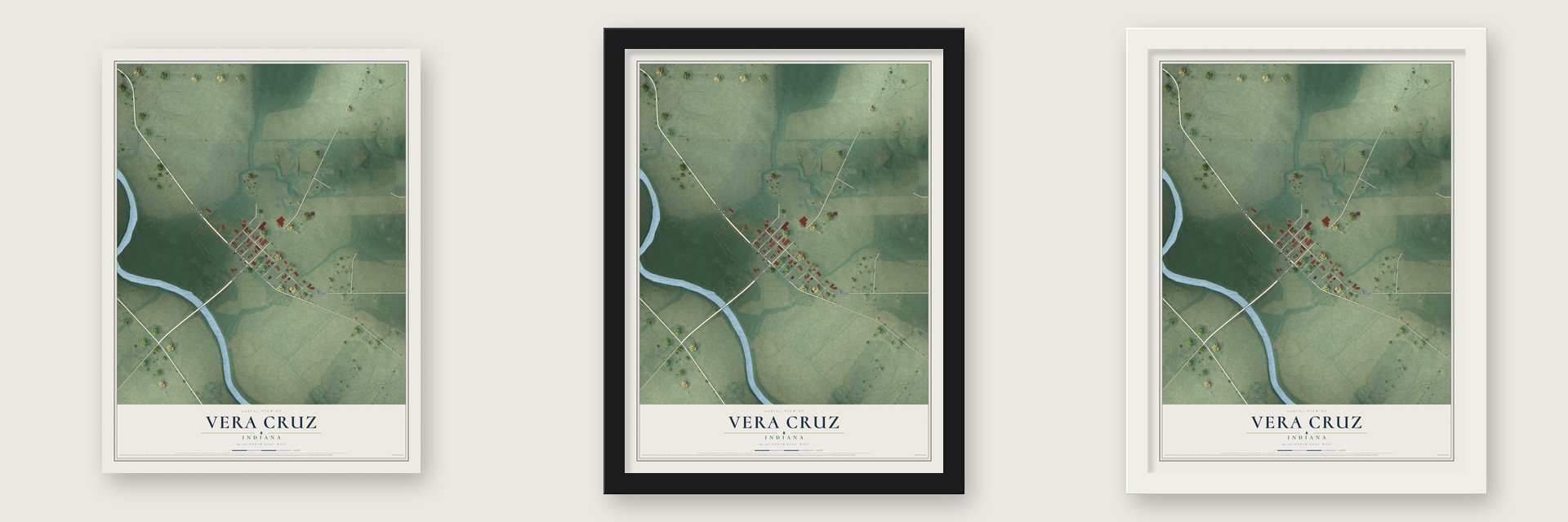 Vera Cruz, Indiana map unframed, in a black wood frame and in a white wood frame
