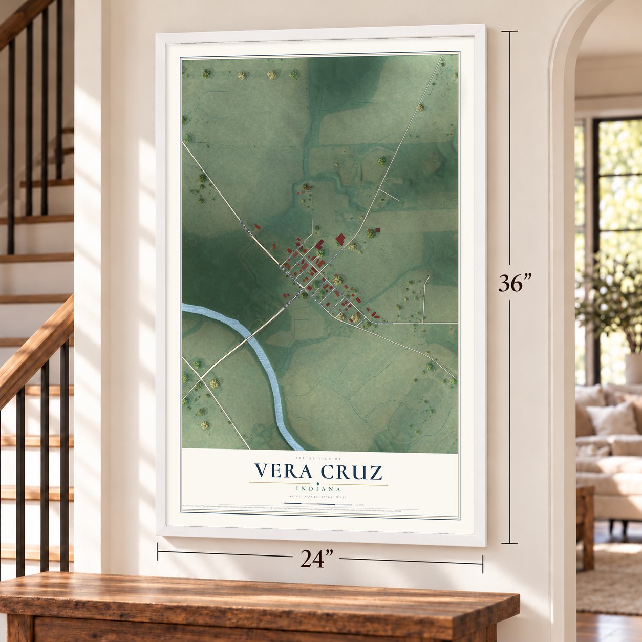 Vera Cruz, Indiana map, 24 x 36 inch print in a white frame by a staircase