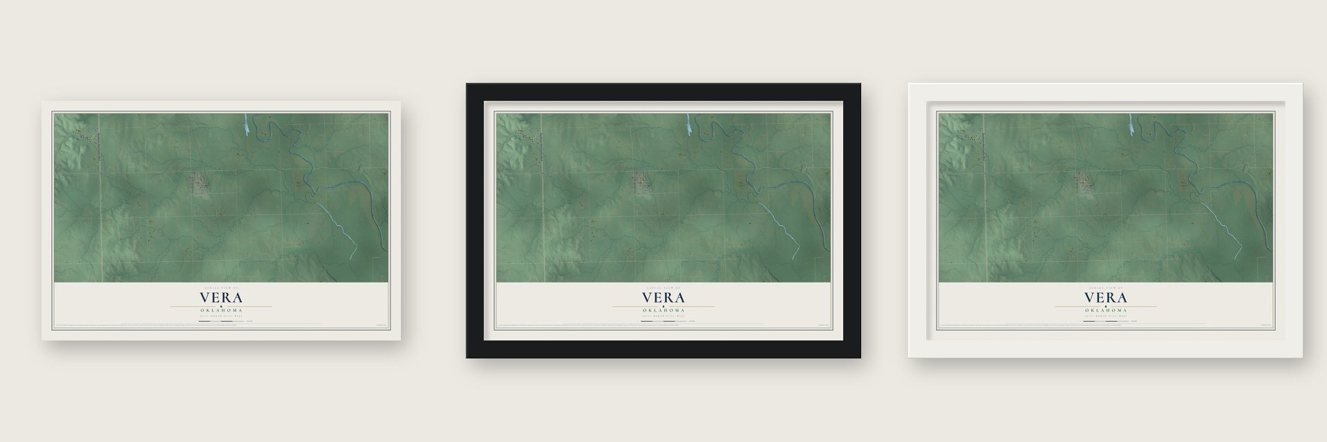 Vera, Oklahoma map unframed, in a black wood frame and in a white wood frame